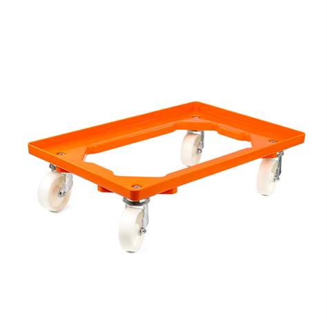 Transportroller 600 x 400 mm, offen, 4 Lenkrollen mit Kunstoffräder, Farbe orange