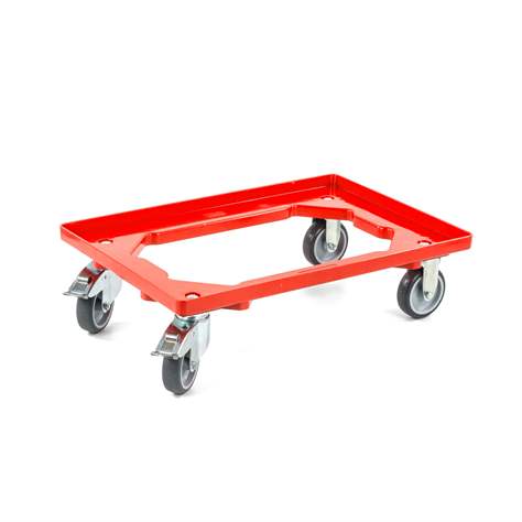Transportroller 600 x 400 mm, offen, 4 Lenkrollen mit Gummirädern (2 mit Bremse), Farbe rot