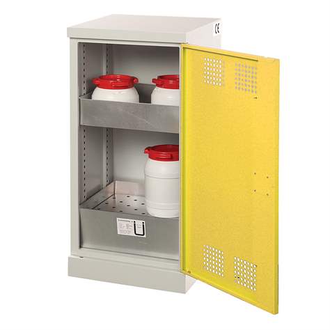 Skříň pro chemikálie, jednodvéřová, spodní záchytná vana + 1 vanová police, š x h x v: 500x500x1000 mm, dveře žluté RAL1023