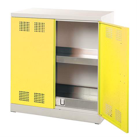 Skříň pro chemikálie, dvoudvéřová, spodní záchytná vana + 1 vanová police, š x h x v: 950x500x1000 mm, dveře žluté RAL1023