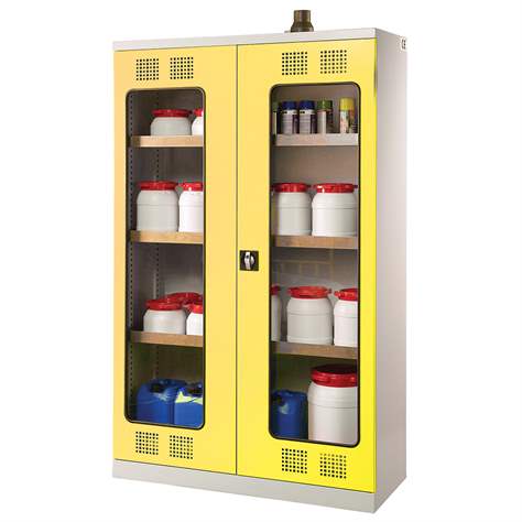 Skříň pro chemikálie s prosklenými dveřmi, spodní záchytná vana + 3 vanové police, š x h x v: 1200x500x1950 mm, dveře žluté RAL1023