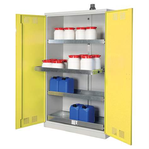 Skříň pro chemikálie, 3 výsuvné vanové police + spodní záchytná vana, š x h x v: 1200x500x1950 mm, dveře žluté RAL1023