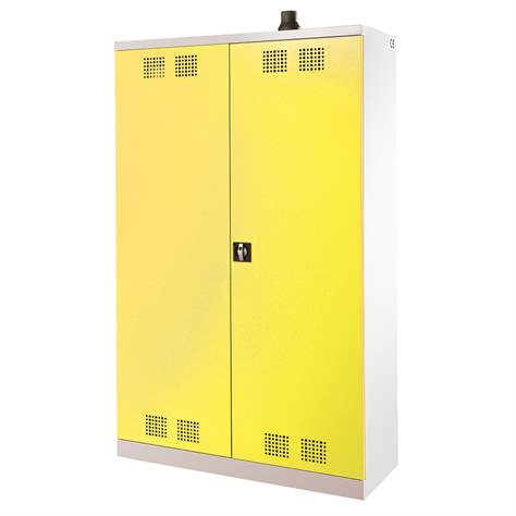 Skříň pro chemikálie, dvoudvéřová, spodní záchytná vana + 3 vanové police, š x h x v: 1200x500x1950 mm, dveře žluté RAL1023 - obrázek2