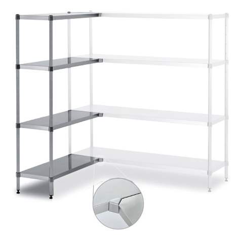 Raft cu inserare din inox, 4 polițe netede 1000 x 400 mm, înălţimea 1800 mm, raft de colț stâng