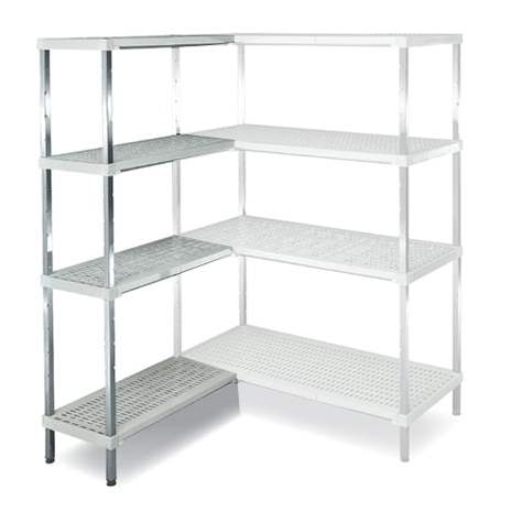 Edelstahl-Steckregal, 4 gelochte PP-Fachböden, H x B x T: 1800x1500x400 mm, Eck-Anbauregal Links