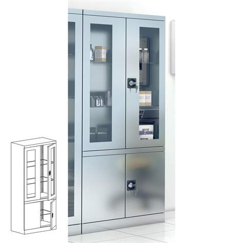 Edelstahlschrank, zweiteillig, verglast, Doppel-Fügeltüren, HxBxT: 1800 x 800 x 435 mm - Malow