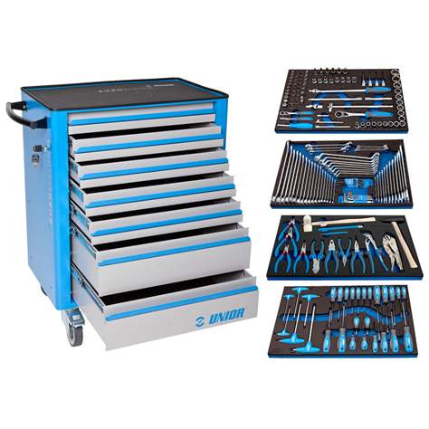 Cărucior scule atelier service EUROVISION, L x l x H: 800 x 440 x 923 mm, 7 sertare și 4 set de scule UNIOR, 191 buc. - UNIOR Slovenia