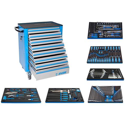 Cărucior scule atelier service EUROVISION, L x l x H: 800 x 440 x 923 mm, 8 sertare și 6 set de scule UNIOR, 237 buc. - UNIOR Slovenia