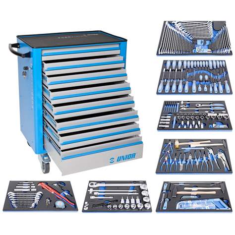 Servicewagen EUROVISION, BxTxH: 800x440x923 mm, 8 Schubladen und 7x Handwerkzeug-Set UNIOR, 208 St. - UNIOR Slovenia