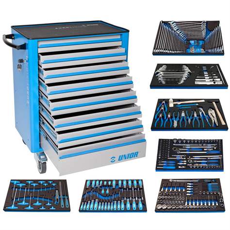 Servicewagen EUROVISION, BxTxH: 800x440x923 mm, 8 Schubladen und 7x Handwerkzeug-Set UNIOR, 324 St. - UNIOR Slovenia
