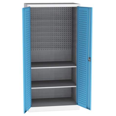 Dílenská skříň na nářadí, v x š x h: 1950 x 950 x 600 mm, perforované panely, 2 x police, barva šedá RAL7035 / modrá RAL5012 - Kovos Verneřice