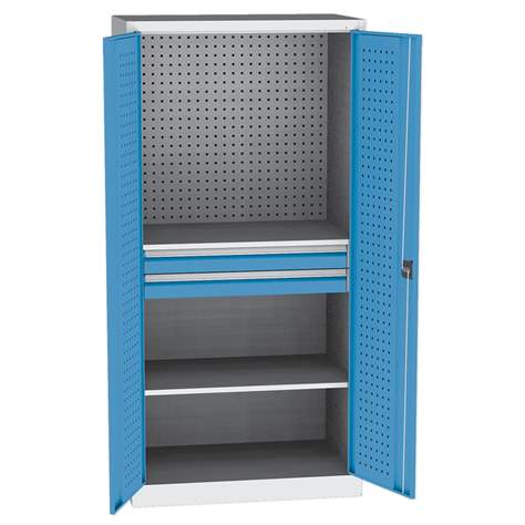 Dílenská skříň na nářadí, v x š x h: 1950 x 950 x 600 mm, perforované panely, 2 x police, 2 x zásuvka, barva šedá RAL7035 / modrá RAL5012 - Kovos Verneřice