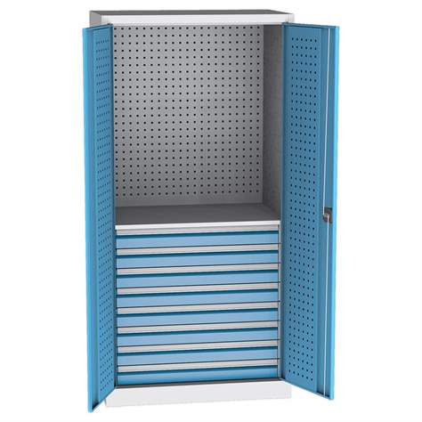 Dílenská skříň na nářadí, v x š x h: 1950 x 950 x 600 mm, perforované panely, 1 x police, 8 x zásuvka, barva šedá RAL7035 / modrá RAL5012 - Kovos Verneřice