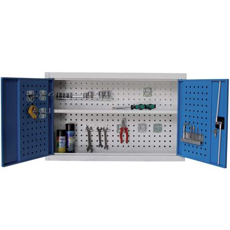 Hänge-Werkzeugschrank, HxBxT: 600 x 950 x 200 mm, mit Lochplatten, 1 Fachboden, Lichtgrau RAL7035 / Lichtblau RAL5012 - Kovos Verneřice
