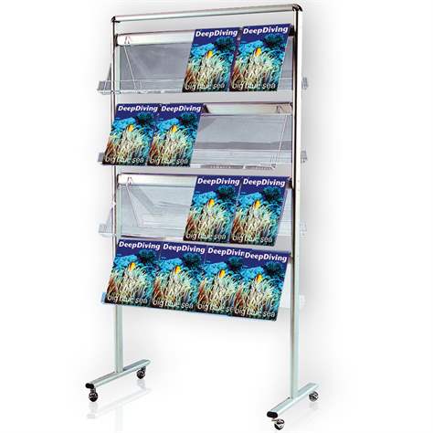 Prospektständer, doppelseitig, 16 x A4, Alu-Konstruktion, Fachböden aus Acrylglas