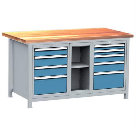 Banc de lucru atelier profesional Lxl 1500x750 mm Kovos, 2 dulapioare cu cate 4 respectiv 5 sertare sub blat, 1 dulapior ingust cu polita si fara usa sub blat, blat de lucru decor fag - Kovos Verneřice