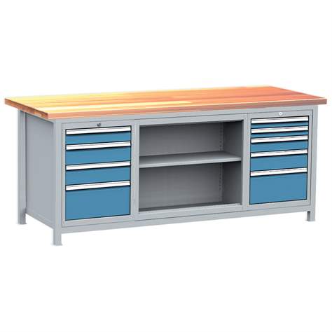 Professionelle Werkbank, 9 Schublade, 1 Fachboden, Buchen-Arbeitsplatte, 2000x750 mm - Kovos Verneřice