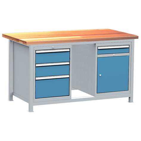 Professionelle Werkbank, 1 Schrank, 4 Schubladen, Buchen-Arbeitsplatte, 1500x750 mm - Kovos Verneřice