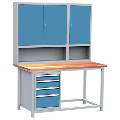 Banc de lucru atelier profesional Lxl 1500x750 mm Kovos, 1 dulapior cu 4 sertare sub blat, 2 dulapioare metalice organizator suprapuse pe blat, blat de lucru decor fag - Kovos Verneřice