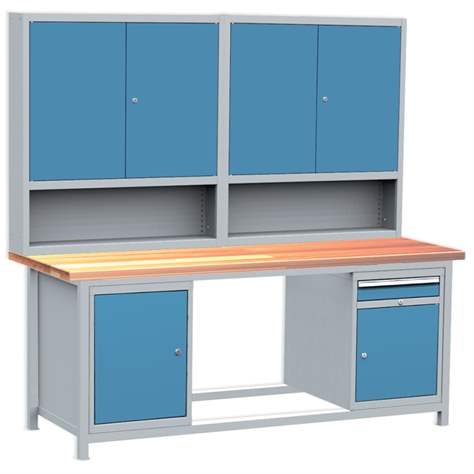Banc de lucru atelier profesional Lxl 2000x750 mm Kovos, 2 dulapioare sub blat, 2 dulapioare metalice organizator suprapuse pe blat, blat de lucru decor fag - Kovos Verneřice