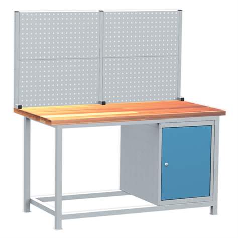Professionelle Werkbank, 1 Schrank, 1 Lochwand für Werkzeuge, Buchen-Arbeitsplatte, 1500x750 mm - Kovos Verneřice