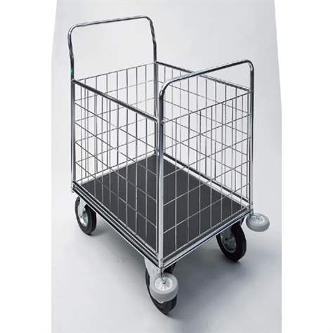 Chromovaný manipulační vozík s drátěnými bočnicemi, v x d x š: 1150 x 760 x 1000 mm.
