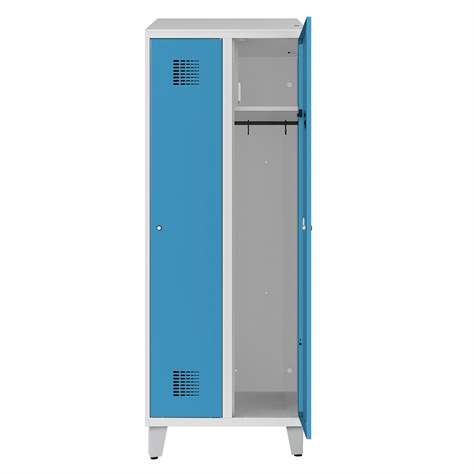 Garderobenschrank zur Aufladung von elektronischen Geräten, 2 x 300 mm, 230V SCHUKO, Fuß-Gestell, Türfarbe Blau RAL5012 - Malow