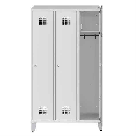 Garderobenschrank zur Aufladung von elektronischen Geräten, 3 x 300 mm, 230V SCHUKO, Fuß-Gestell, Türfarbe Grau RAL7035 - Malow