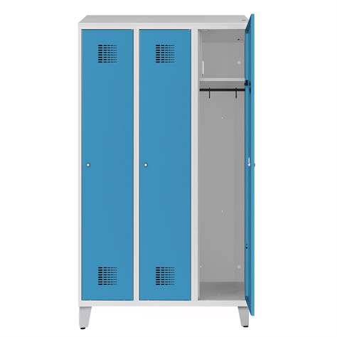 Garderobenschrank zur Aufladung von elektronischen Geräten, 3 x 300 mm, 230V SCHUKO, Fuß-Gestell, Türfarbe Blau RAL5012 - Malow