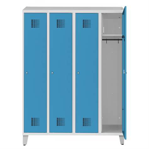 Garderobenschrank zur Aufladung von elektronischen Geräten, 4 x 300 mm, 230V SCHUKO, Fuß-Gestell, Türfarbe Blau RAL5012 - Malow