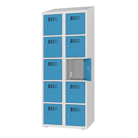 Ladeschrank mit 10 Schließfächern, 230V SCHUKO, HxBxT: 1800x800x500 mm, Türfarbe Blau RAL5012 - Malow