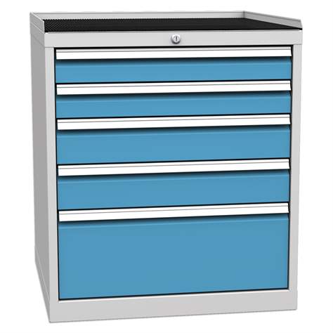Schubladenschrank für Werkstatt, 5 x Schubladen, HxBxT: 840 x 720 x 700 mm, Farbe grau RAL7035/ blau RAL5012 - Kovos Verneřice