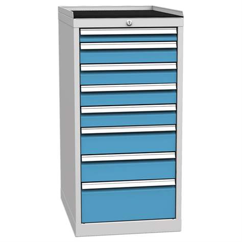 Schubladenschrank für Werkstatt, 8 x Schubladen, HxBxT: 1030 x 500 x 700 mm, Farbe grau RAL7035/ blau RAL5012 - Kovos Verneřice