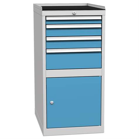 Schubladenschrank für Werkstatt, 1 x Schrank, 4 x Schubladen, HxBxT: 1030 x 500 x 700 mm, Farbe grau RAL7035/ blau RAL5012 - Kovos Verneřice