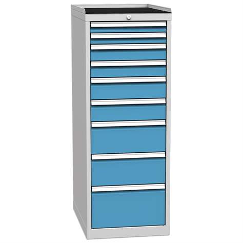 Schubladenschrank für Werkstatt, 9 x Schubladen, HxBxT: 1350 x 500 x 700 mm, Farbe grau RAL7035/ blau RAL5012 - Kovos Verneřice