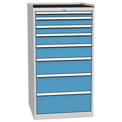 Schubladenschrank für Werkstatt, 8 x Schubladen, HxBxT: 1350 x 720 x 700 mm, Farbe grau RAL7035/ blau RAL5012 - Kovos Verneřice