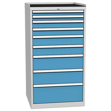 Schubladenschrank für Werkstatt, 9 x Schubladen, HxBxT: 1350 x 720 x 700 mm, Farbe grau RAL7035/ blau RAL5012 - Kovos Verneřice