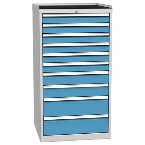 Schubladenschrank für Werkstatt, 10 x Schubladen, HxBxT: 1350 x 720 x 700 mm, Farbe grau RAL7035/ blau RAL5012 - Kovos Verneřice