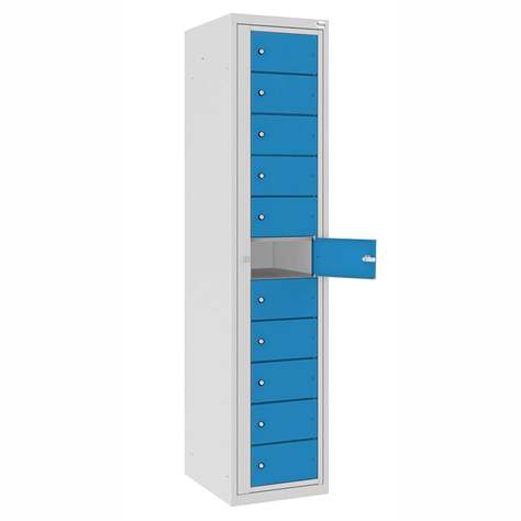 Skříň na výdej čistých oděvů, 11 schránek, v x š x h: 1800x400x500 mm, korpus šedý RAL7035/dveře modré RAL5012 - Malow