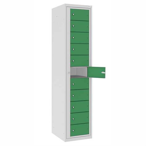 Wäscheausgabeschrank (11 Fächer) , HxBxT: 1800x400x500 mm, Korpus Lichtgrau RAL7035/Türfarbe Grün RAL6011 - Malow