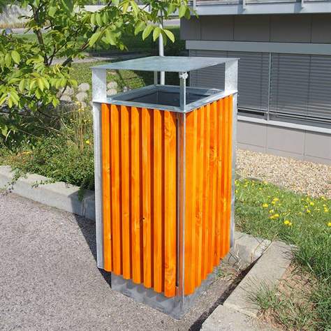 Abfallsammler mit Schutzdach, Holzlattenverkleidung Farbton Pinie, Volumen 65 l, H 940 mm