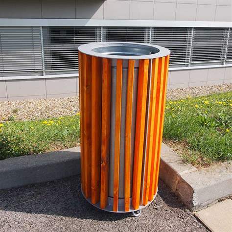 Abfallsammler, Rundform, Holzlattenverkleidung Farbton Pinie, Volumen 50 l, H 800 mm