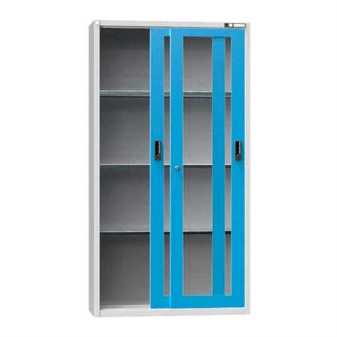 Werkstatt-Schrank, HxBxT: 1950 x 1044 x 405 mm, Schiebetüren mit Sichtfenstern, 3 x Fachböden 100 kg, Farbe Lichtgrau RAL7035/Blue RAL5012 - Polak CZ, s.r.o.