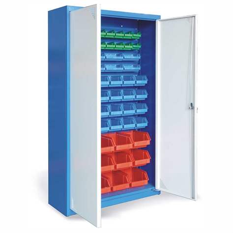Schrank mit TechBox-Hängeboxen, Korpus blau RAL5005, Tür grau RAL7035, H x B x T: 1800 x 1000 x 390 mm
