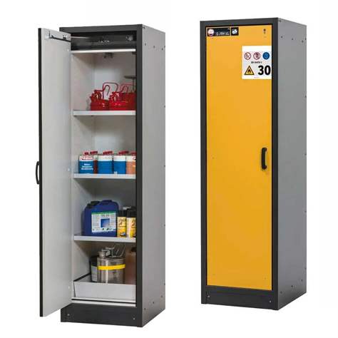 Bezpečnostní skříň na chemikálie 30 min., 3 police + vana, š. 564 mm, dveře žluté - asecos GmbH