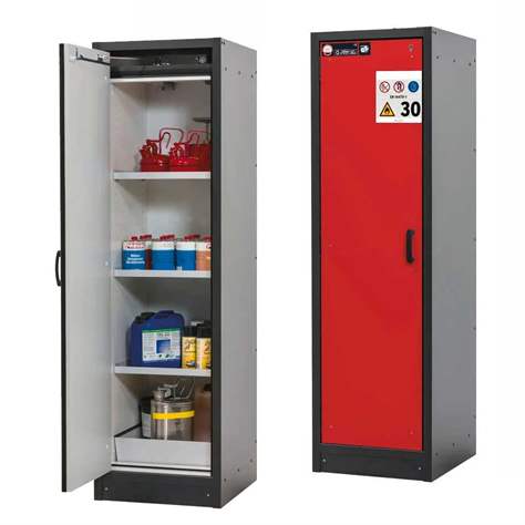 Bezpečnostní skříň na chemikálie 30 min., 3 police + vana, š. 564 mm, dveře červené - asecos GmbH