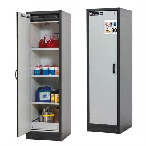 Bezpečnostní skříň na chemikálie 30 min., 3 police + vana, š. 564 mm, dveře šedé - asecos GmbH