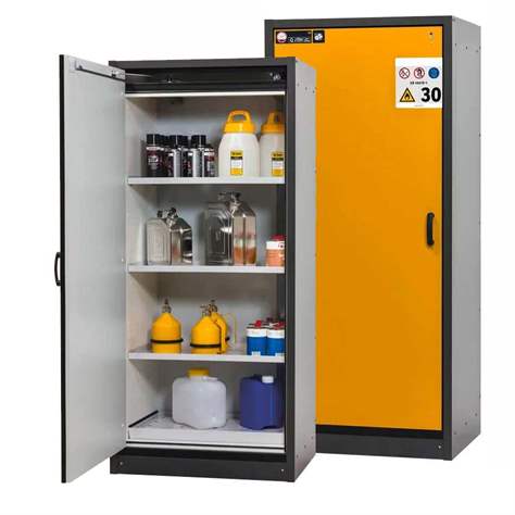 Bezpečnostní skříň na chemikálie 30 min., 3 police + vana, š. 864 mm, dveře žluté - asecos GmbH