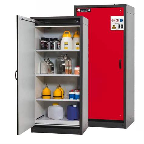 Bezpečnostní skříň na chemikálie 30 min., 3 police + vana, š. 864 mm, dveře červené - asecos GmbH