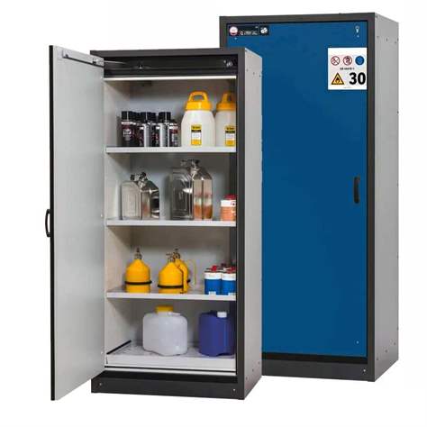 Bezpečnostní skříň na chemikálie 30 min., 3 police + vana, š. 864 mm, dveře modré - asecos GmbH